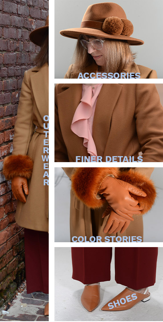 style - outerwear, accessories, finer details, color stories, shoes